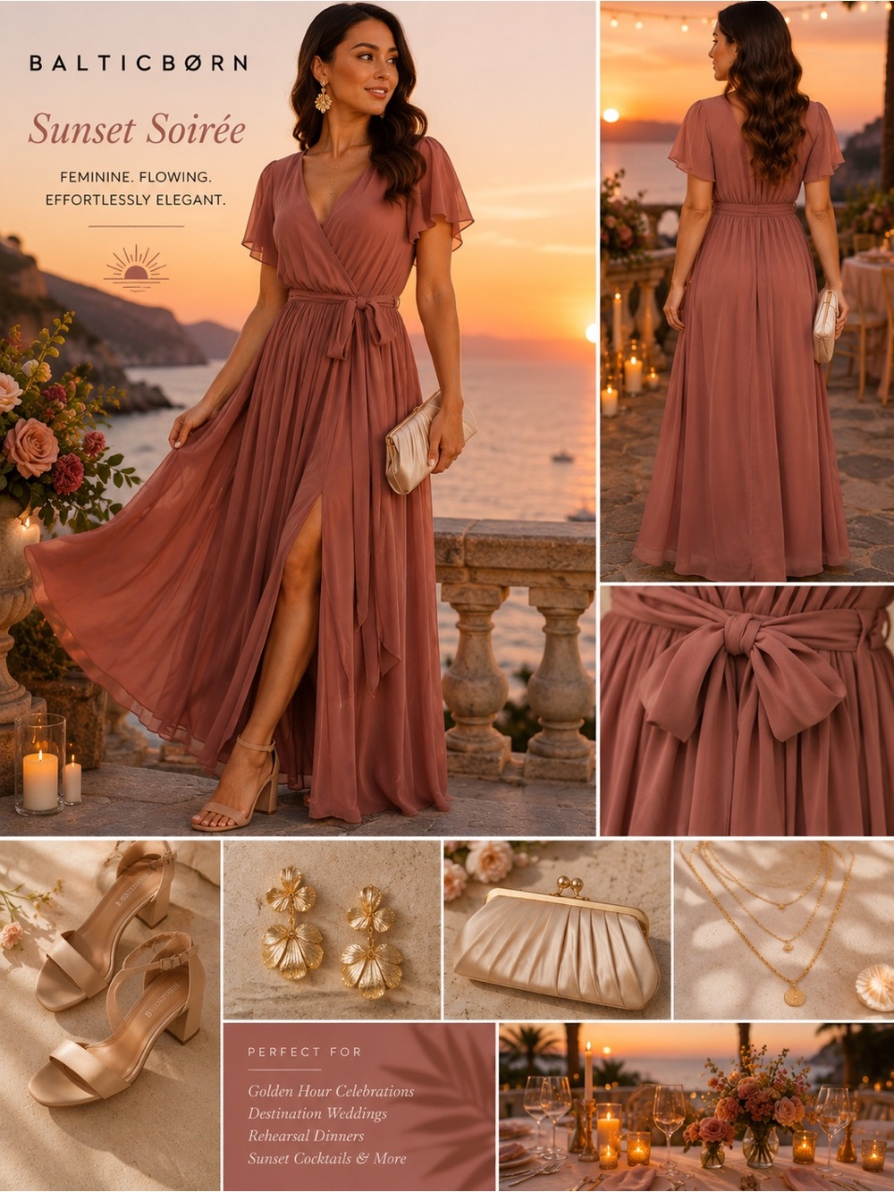 Baltic Born Kristina Maxi Dress Dusty Rose M Slit Wedding Faux Wrap Belted C6 - Picture 3 of 14
